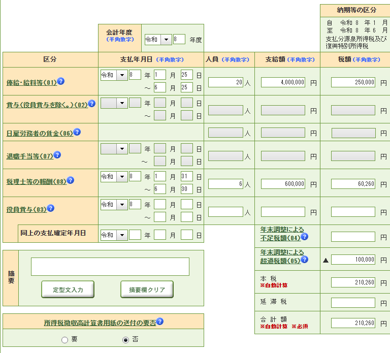 記入例 納期の特例 6か月分の合計