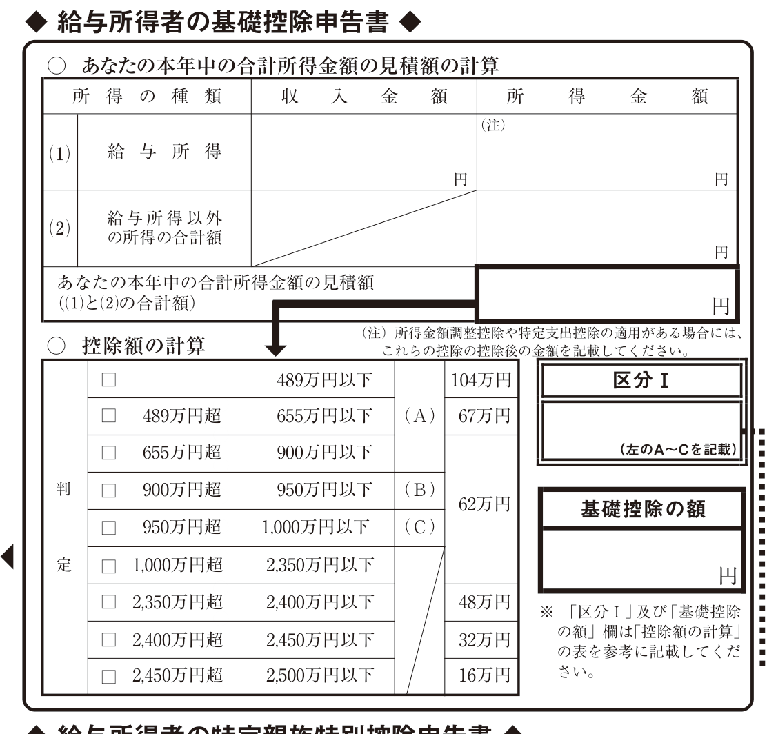 令和8年分 給与所得者の基礎控除申告書の様式。上部に合計所得金額の見積額の計算表、下部に控除額の計算表があり、489万円以下は104万円、489万円超655万円以下は67万円などの区分が印刷されている