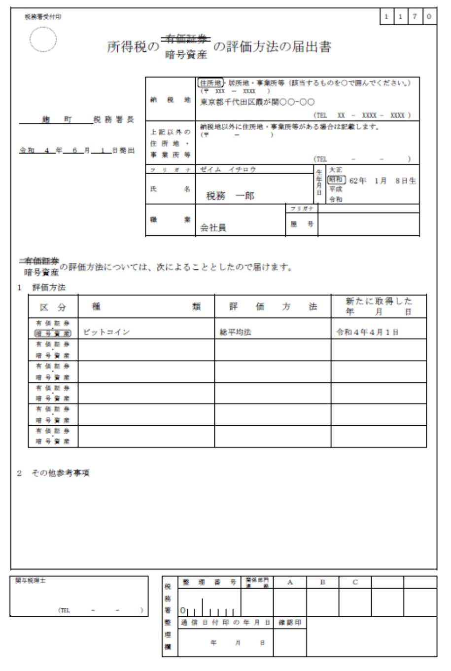 所得税の暗号資産の評価方法の届出書の記載例（種類にビットコイン、評価方法に総平均法を記入した例）