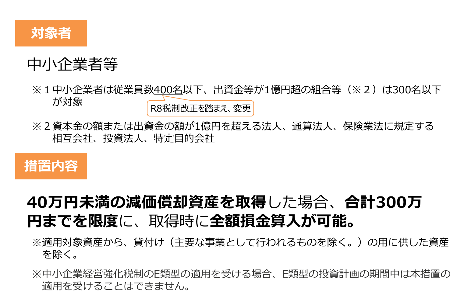 少額減価償却資産の特例の対象者(従業員数400人以下)と措置内容(合計300万円まで全額損金算入)