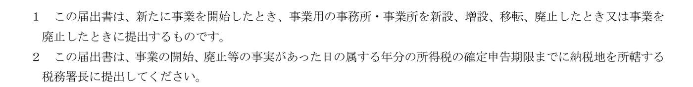国税庁の個人事業の開業・廃業等届出書の書き方。届出書は確定申告期限までに納税地を所轄する税務署長に提出する旨の説明