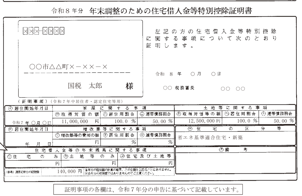 令和8年分 年末調整のための住宅借入金等特別控除証明書の記載例。家屋の取得対価11,000,000円、土地等の取得対価12,500,000円、居住用割合100.0%、連帯債務割合50.00%、住宅の区分は省エネ基準適合住宅・新築
