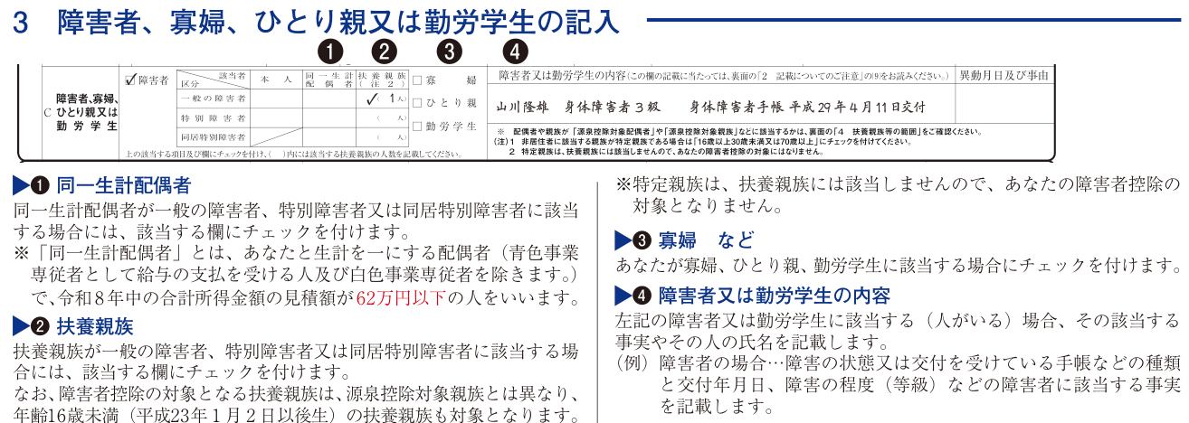 寡婦控除・ひとり親控除の条件を満たすときに扶養控除等申告書のC欄でチェックする箇所を示した国税庁の記載例