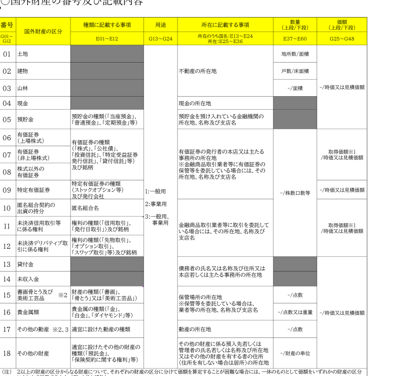 国外財産調書の国外財産の区分01から18と、種類・用途・所在・数量・価額の記載内容一覧