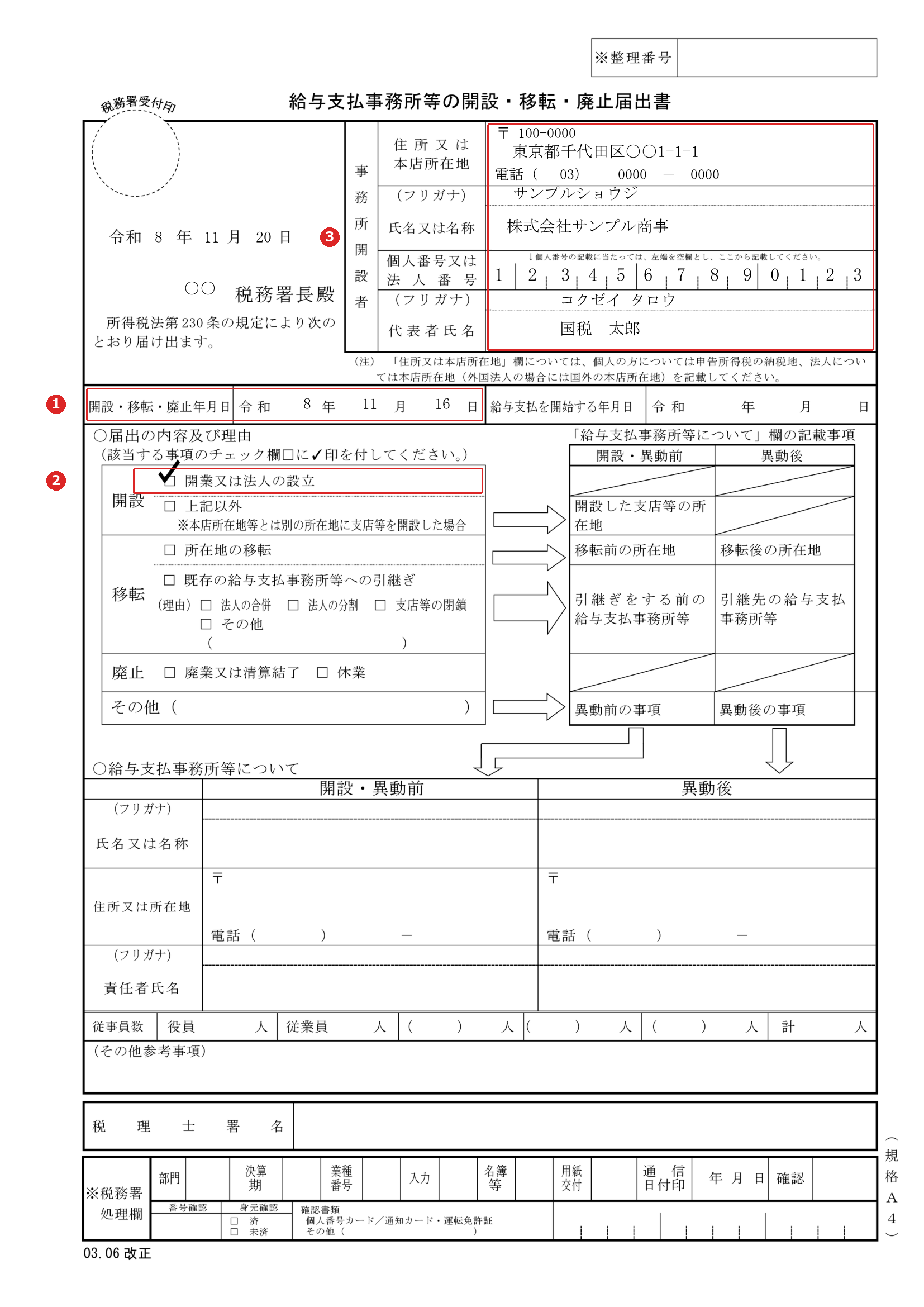 給与支払事務所等の開設・移転・廃止届出書の記載例。開設年月日、開業又は法人の設立のチェック、事務所開設者欄(住所・名称・法人番号・代表者氏名)に赤枠と番号を付けた画像(社名・住所・番号・氏名は架空)