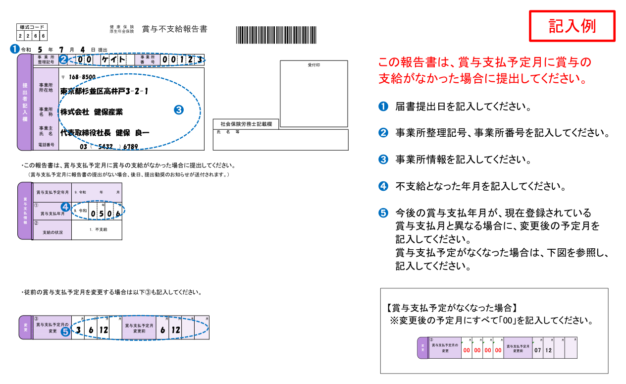 賞与不支給報告書の記入例。提出日、事業所整理記号、不支給となった年月、賞与支払予定月の変更欄